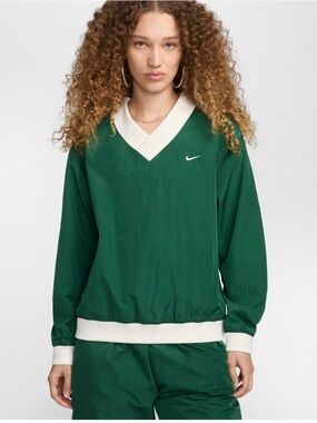 Nike Green Woven V-Neck Pullover Windbreaker with White Trim